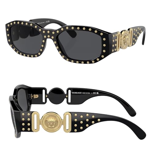 Versace VE4361 53mm Non-Polarized Oval Heart Sunglasses for Men – Black Injected Frame with Black Temples, 100% UV Protection, Lightweight & Comfortable Sunglasses, eShades Eyewear Kit Included