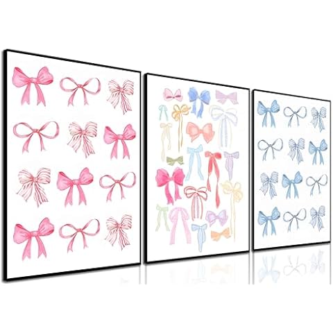 3Psc Trendy Pink Bow Wall Art Watercolor Light Pink Bow Posters Balletcore Girl Paintings Pictures Funky Coquette Preppy Aesthetic Canvas Prints for College Apartment Teen Room Wall Decor Unframed Cover