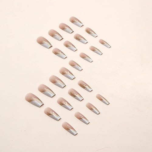 Gold Foil Tip Press On Nails Medium Length Coffin Fake Nails Acrylic Artificial Nails Nude White False Nails Square Full Cover Stick On Nails For Women And Girls (24 Pcs) #TOP2