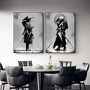 Zwart en wit Samurai Portret Muur Kunst Samurai Canvas Schilderij Warriors Canvas Printen en Posters voor Woonkamer Decor 60x90cmx2 Frameless