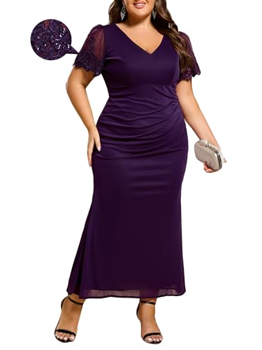 Ever-Pretty Women's High Stretch V Neck Short Sleeves Chiffon Bodycon Maxi Plus Size Mother of The Bride Dresses