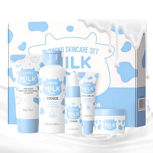Pflegeset Damen Korean Skincare Set,5Pcs Milch Skincare Set Teenager Mädchen Geschenke,Gesichtspflege Damen mit Cleanser, Toner, Serum, Augencreme & Creme,Beauty Set Teenager Mädchen,Sanfte Formel