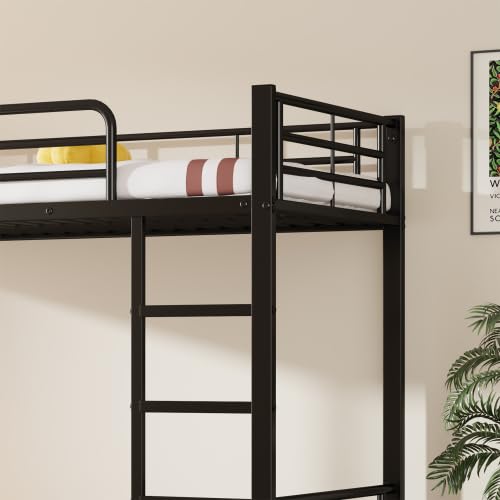 Merax Letto a castello in ferro per bambini e ragazzi, con letto estraibile, 90 x 200 cm e 90 x 190 cm, nero, con griglia laterale e scala, design salvaspazio, certificato EN747