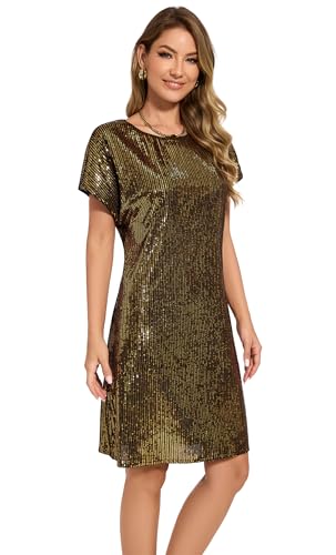 Image of Women's Crewneck Sequin Shift Dress Short Sleeve Casual Holiday Sparkly Party Dress