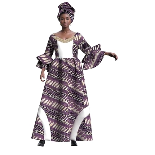 Image of iooiooi Womens African Print Party Maxi Dress Tradition Dashiki Ankara Long Dress & Headwrap