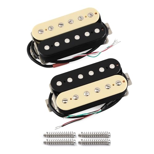 FLEOR Set of High Output Alnico V Guitar Double Coil Humbucker Pickup Neck Bridge 50mm+52mm Set, Zebra Color, Brass BasePlate with 4 Conductors