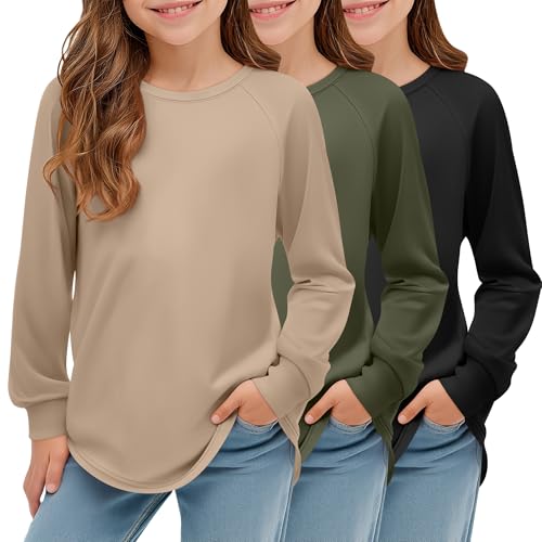 3 Pack Girls Long Sleeve Shirts Kids Crewneck Curve Hem Casual Tops Raglan Sleeve Athletic Comfy Pullover Tees