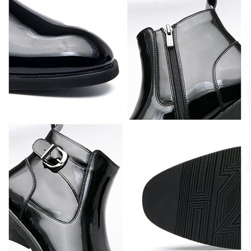 Men's Patent Leather Low Heel Dress Chelsea Boots with Side Zipper Pointed Toe Warm Fur Lined Non Slip Casual Booties Fashion Buckle Work Business Prom Ankle Boots3