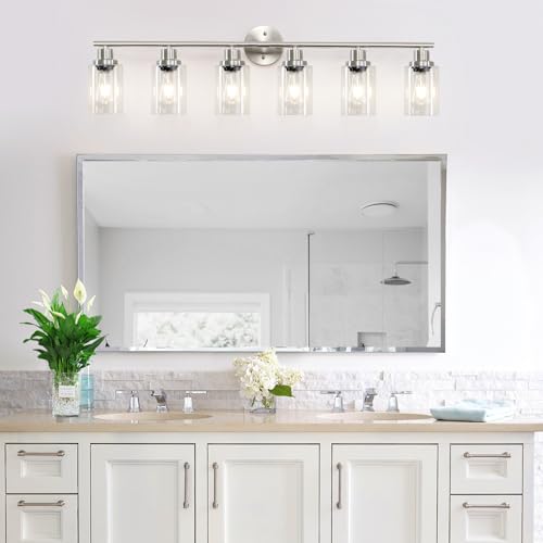 Image of 6-Light Nickel Bathroom Vanity Lights, E26 Modern Bathroom Light Fixtures with Clear Glass Shade, Wall Lamps for Mirror Hallway Kitchen Cabinet Living Room Sconces Lights
