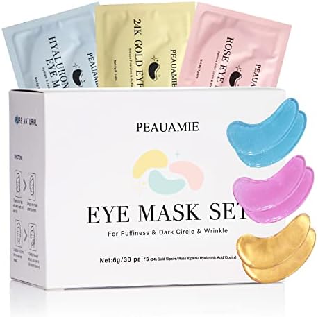 PEAUAMIE Under Eye Patches (30 Pairs) Gold Eye Mask and Hyaluronic Acid Eye Patches for puffy eyes,Rose Eye Masks for Dark Circles and Puffiness under eye treatment skin care products