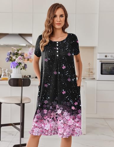 Image of Ekouaer Nightgowns for Women with Pockets Button Front Short Sleeve House Dresses Floral Print Mumu Dress