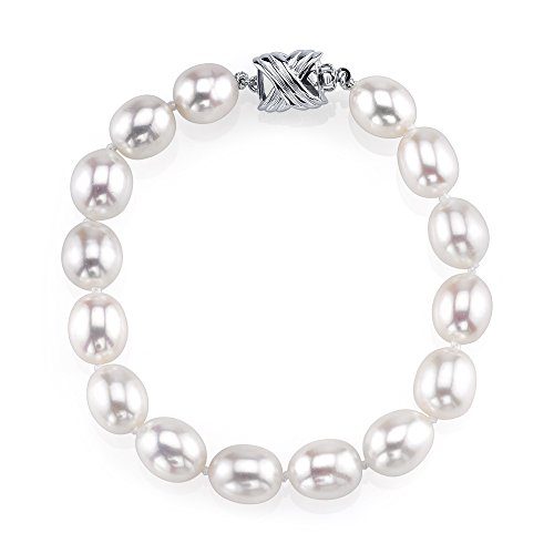 The Pearl Source Sterling Silver 10-11mm AAA Quality Oval White Freshwater Cultured Pearl Bracelet for Women