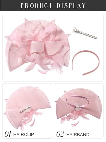 SWEETV Sinamay Kentucky Tea Hat Derby Hats Fascinators for Women, Tea Party Hats for Church, Cocktail, Wedding, Fancy Dress Party, Pink