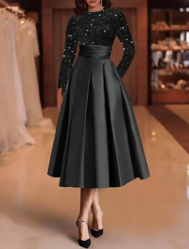 Mother of The Bride Dress for Wedding with Pocket Tea Length Satin Prom Dress Long Sleeve Formal Party Gowns2