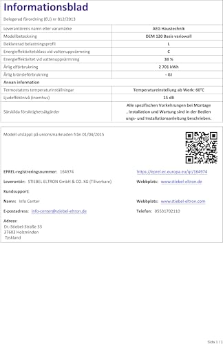 AEG Wandspeicher DEM 120 Basis, Warmwasserboiler 120 Liter, stufenlose Temperaturwahl, Schnellaufheiztaste, 230 V mit Stecker, VDE geprüft, 234200