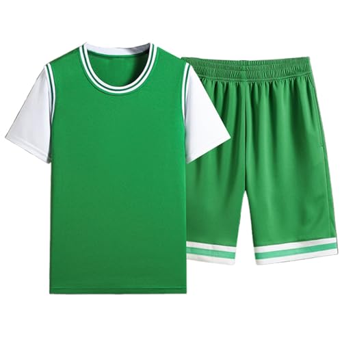 Bauzuoyo Camiseta de baloncesto para hombre, ropa deportiva de manga corta, con pantalones cortos, a rayas, bloque de color, ropa de entrenamiento, transpirable, de secado rápido, corte holgado, verde