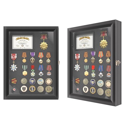 REFGY Challenge Coin Display Military Coin Holder Display 11.8 x 15.7 Inch Large Medal Display Case & Pin Display Cabinet with Horn Lock Shadow Box Display Case for Military Medals Insignia Ribbons