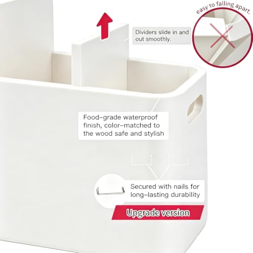 Image of Wooden Kitchen Utensil Holder Organizer for Counter or Countertop, Large Wooden Utensil Holder for Storage Cooking and Silverware with 4 Compartment,Rustic Wood Container Extra Large-white