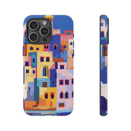Coque iPhone 15 Pro Max antichoc illustration ville côtière bleue et lisse