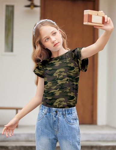 Image of Girls T Shirts Ruffle Short Sleeve Round Neck Loose Blouse Summer Solid Color Casual Girl Tee Tops for 3-12 Years