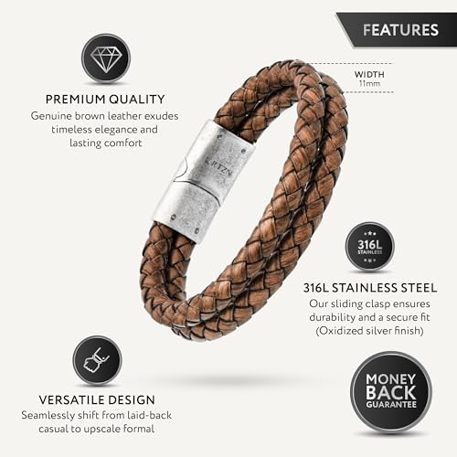 RTZN® Brown Leather Bracelet for Men – Premium Artisan Handcrafted Mens Leather Bracelet – Multi-Stand Mens Bracelet Leather Collection | Beaded Tiger Eye, Silver Chain, and Braided Brown Leather3