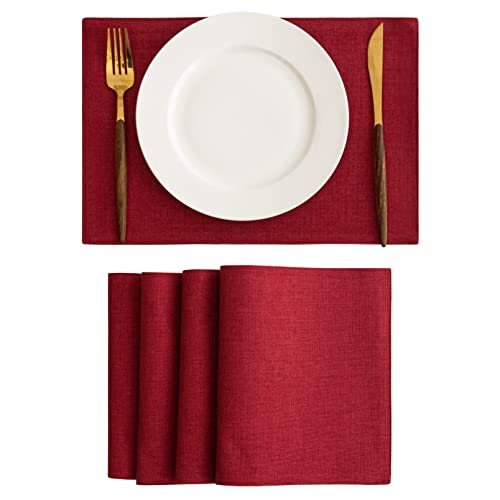 Demetex Red Placemats Set Of 4 Place Mats Burlap Wipeable Heat Resistant Cloth Placemats For Dining Table Restaurants Holiday, 13 X 19 Inches, Wine Red #TOP7