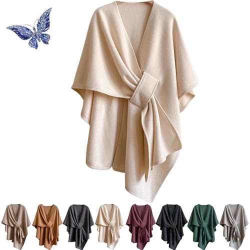 Women's Knit Wrap Poncho Shawl Open Front Cardigan with Tie Hem Soft Warm - image 4