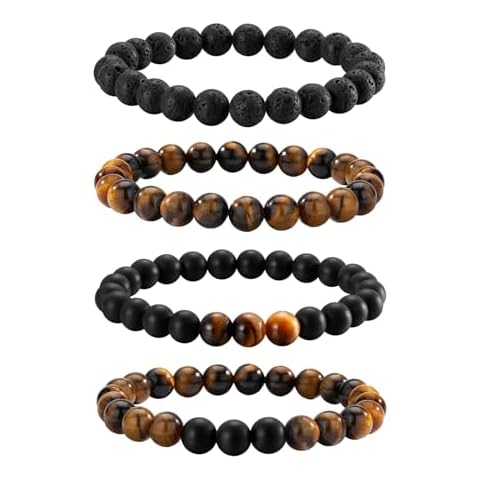 Senteria 4Pcs Mens Beaded Bracelets Elastic Tigers Eye Bracelet Set Natural Stone Black Crystal Beaded Bracelets for Men Women Cover