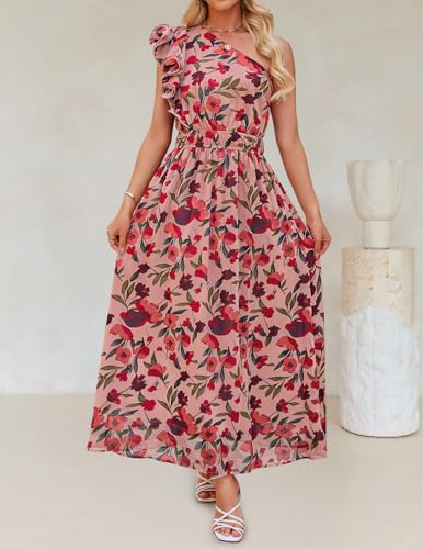 Image of ZESICA Women's 2026 Summer Floral Sleeveless Maxi Dress | One Shoulder, Sleeveless, Ruffle, High Waist, Beach Wedding Guest, Vacation, Graduation, Bridal Shower, Boho Long Dresses