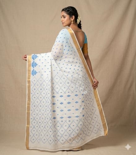 Image of eC ESHA'S COLLECTION Women's Kerala Cotton Floral Motif Printed Zari Bordered Tant Saree Without Blouse Piece