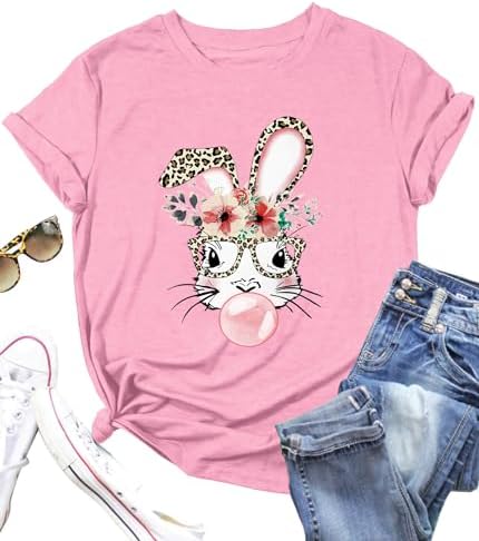 Womens Easter Shirts Cute Floral Bunny T-Shirt Leopard Print Tee Easter Gift Casual Top Shirts