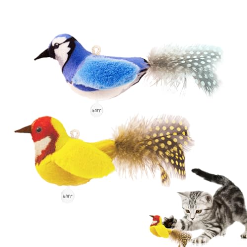 ipawspace Catnip Cat Toys Boredom Relieve Teeth and Kicking Feather Cat Toys Interactive with Lifelike Chirp Sound Chirping Bird Kitten Toy Real Feather (2 Pack Bird)