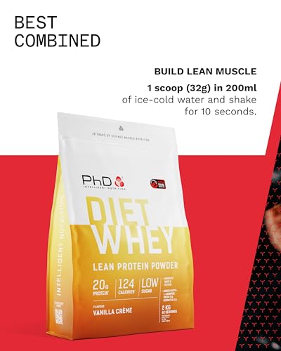 Image of PhD Diet Whey | High Protein Lean Matrix | 17g Protein & 3.3g BCAA | With CLA, L-Carnitine & Green Tea Extract | Low Fat, Sugar & Salt | Builds Muscle & Burns Fat | Vanilla Creme | 2Kg