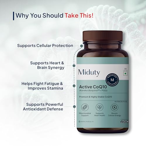 Image of Miduty Active CoQ10 Ubiquinol 100mg with PQQ - Kaneka Ubiquinol - High Absorption Coenzyme Q10 Supplement for Heart, Energy, Brain & Mitochondrial Support - 30 Veg Capsules