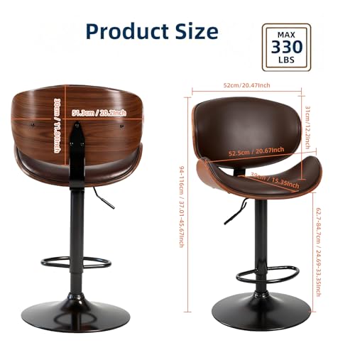 Image of HealSmart Swivel Bar Stools Set of 2, PU Leather, Adjustable Height Bentwood BarStools with Ergonomic Back and Footrest, Ideal for Bar Stools for Bar Counter, Home Kitchen, Dining Room, Brown