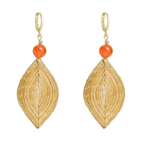 Pendientes Hoja 4 cm en Oro Vegetal con Cuarzo Naranja