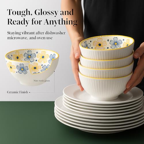 Image of Bohemian Porcelain Dinnerware Set of 6-2 Mandala Dinner Plates & 4 Flora Soup Bowls - Microwave & Dishwasher Safe Ceramic Serving Set - Lead-Free, Scratch-Resistant (Blue & Yellow)