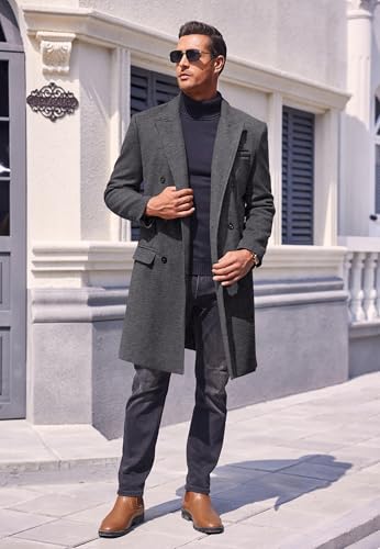 PASLTER Mens Trench Coat Mid Long Double Breasted Slim Fit Peacoat Notched Lapel Winter Business Overcoat3