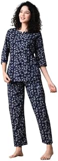Ichaa Women's Black Cotton Printed Round-Neck Night Suit Set with Pocket