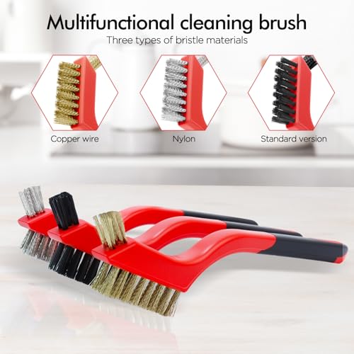 Image of 3 Pcs, Wire Brush Set, 7 Inch, Red | Stainless Steel /Brass /Nylon, Cleaning Rust, Welding Slag Removal, Paint and Dirt Removal, Sturdy And Durable