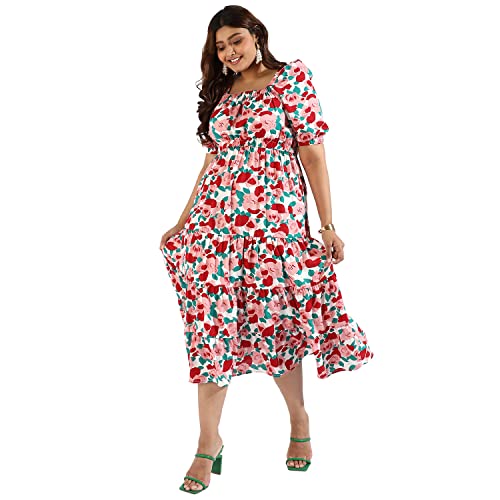 Image of Instafab Plus Women's Multicolour Printed Midi Length Short Sleeve Regular Fit Wrap Dress for Casual Wear | Modern Clothing Dress Crafted with Comfort Fit for Everyday Wear, 3XL