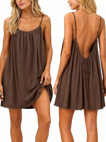 nnOuOnn Robe caraco dos nu pour femme - Mini robe décontractée sans manches - Robe d'été sexy à dos ouvert pour la maison, les vacances, la plage, l'été 2026, café, M