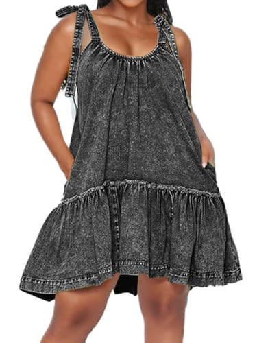 Image of Denim Dress for Women Tie Shoulder Sleeveless Denim Mini Dress Casual Flowy Babydoll Dress Wash Jean Dress