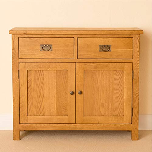 RoselandFurniture Lanner Oak Small Sideboard Cabinet | Traditional Rustic Waxed 2 Drawer Solid Wood Storage Cupboard for Dining Room, Hallway or Living Room | Fully Assembled 85 x 100 x 33.5 cm