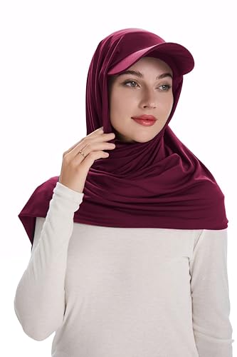 DLAPL Long Headscarf Hijabs Beanie with Baseball Visor for Muslim Women(Burgundy),One Size