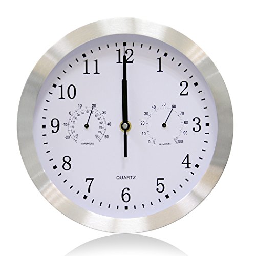VSENCE Silent Non-Ticking Quartz Wall Clock with Thermometer and Hygrometer Aluminium Indoor Decor Clock 10 Inch, Silver