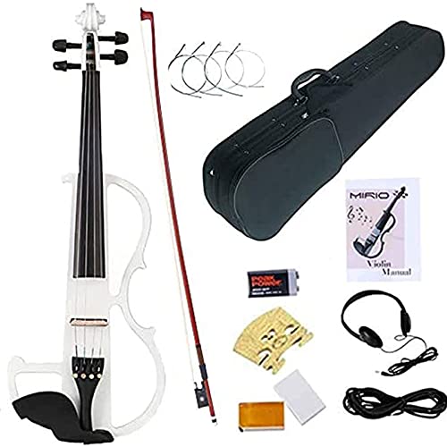 Electronic Violin, MIRIO White Full Size 4/4 Vintage Solid Wood Metallic Electric/Silent Violin with Ebony Fittings, Carrying Case, Audio Cable, Rosin, Bow