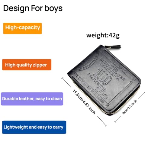 Cool Wallets for teen boys Ages 10-18, Cash with ID Window Cardholder,Faux Leather Wallet for Teen boys,Zippered Wallet for Teenagers,Teenage Teenager Youth Gift. (Black dollar pattern)2