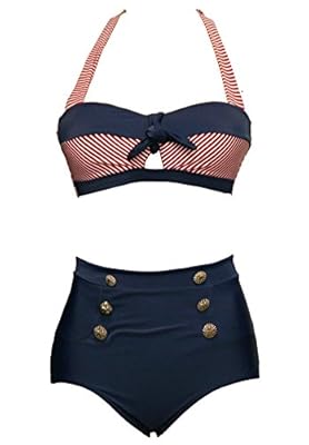 bslingerie® Ladies Retro Vintage Push Up High Waisted Bikini Swimsuit Plus Size (XL, Red Striped Keyhole)