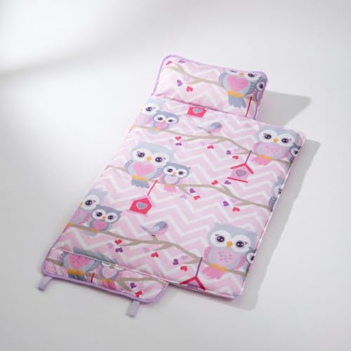 Image of EVERYDAY KIDS Nap Mat with Removable Pillow - Carry Handle with Straps Closure, Rollup Design, Soft Microfiber for Preschool, Daycare, Travel Sleeping Bag - Sweet Owls